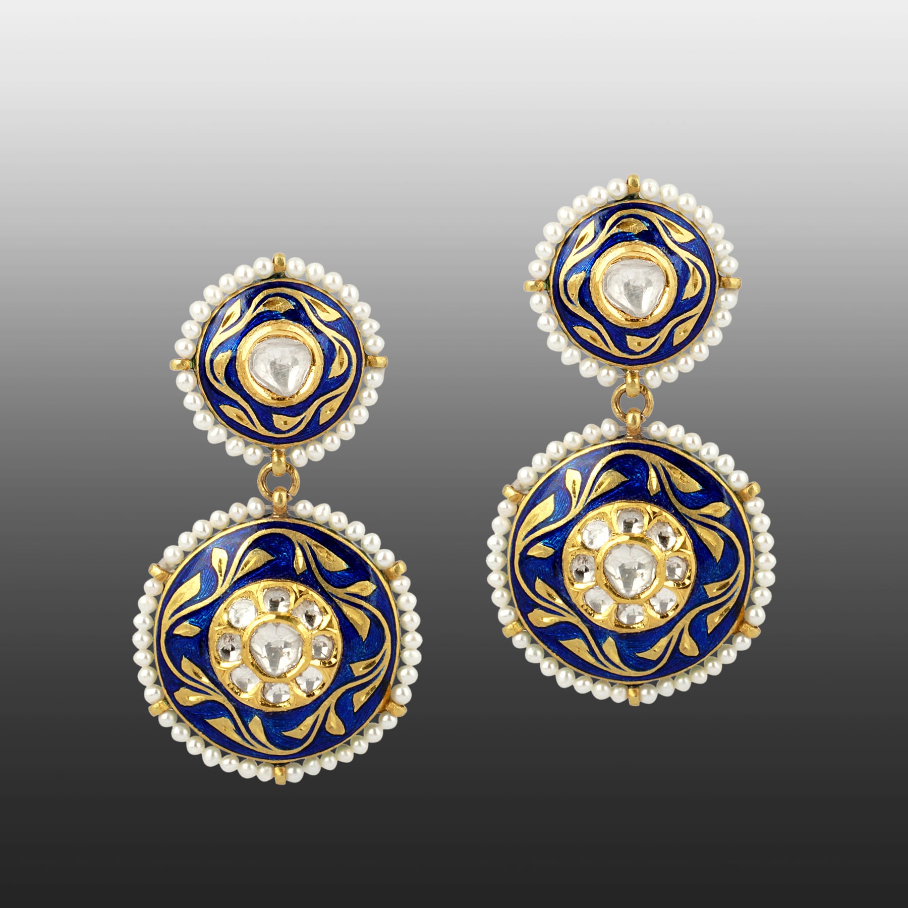 Indigo Enamel Earrings with Polki Diamonds and Pearl Border